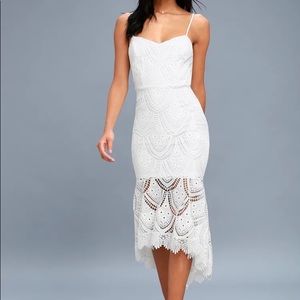 Lulu’s PURE PASSION WHITE LACE BODYCON MIDI DRESS